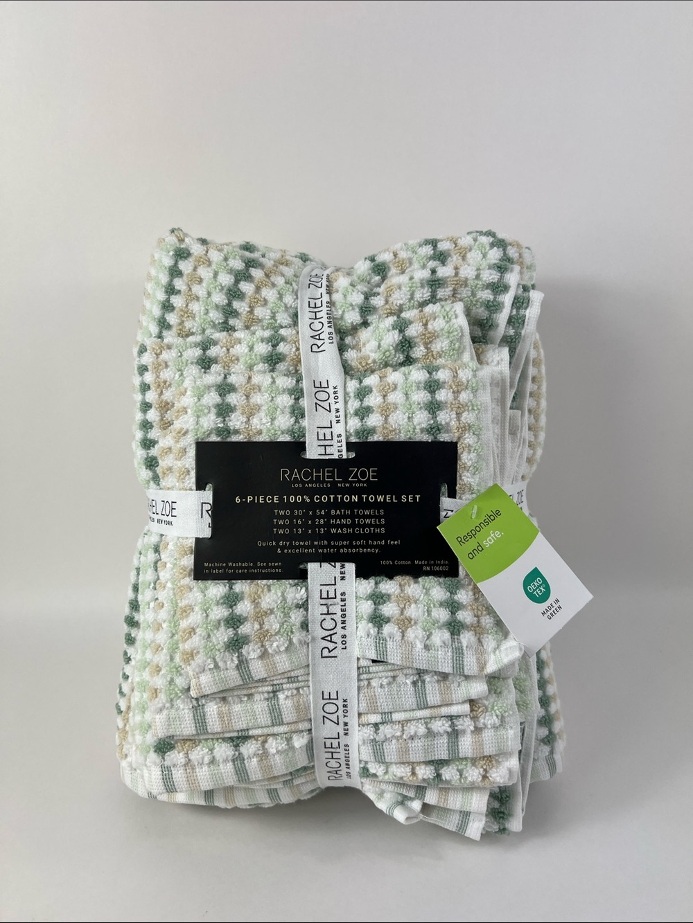 Rachel Zoe Bath Towel Set Green Tan White Waffle Soft 100% Cotton 6 Pc NEW